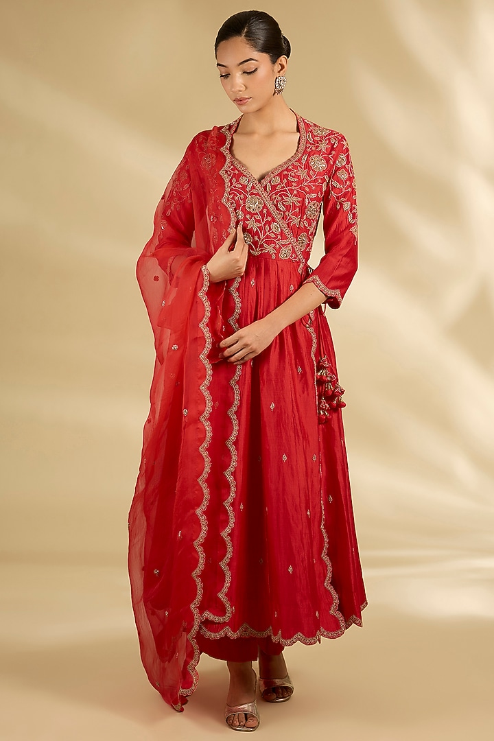 Sunset Orange Spun Silk Sequins & Marori Work Angrakha Wedding Anarkali Set by SURBHI SHAH at Pernia's Pop Up Shop