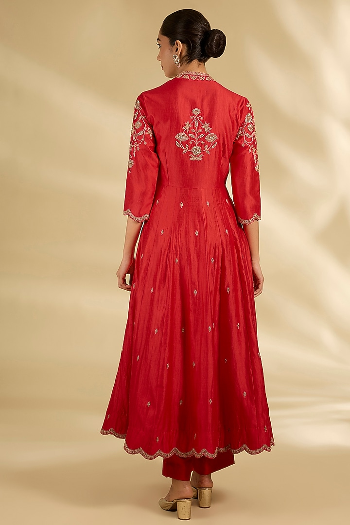Sunset Orange Spun Silk Sequins & Marori Work Angrakha Wedding Anarkali Set by SURBHI SHAH at Pernia's Pop Up Shop
