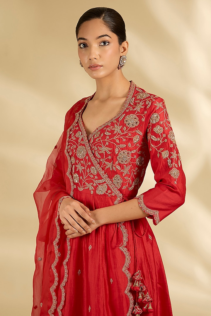 Sunset Orange Spun Silk Sequins & Marori Work Angrakha Wedding Anarkali Set by SURBHI SHAH at Pernia's Pop Up Shop