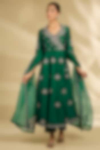 Emerald Green Spun Silk Zardosi Work Angrakha Wedding Anarkali Set by SURBHI SHAH at Pernia's Pop Up Shop