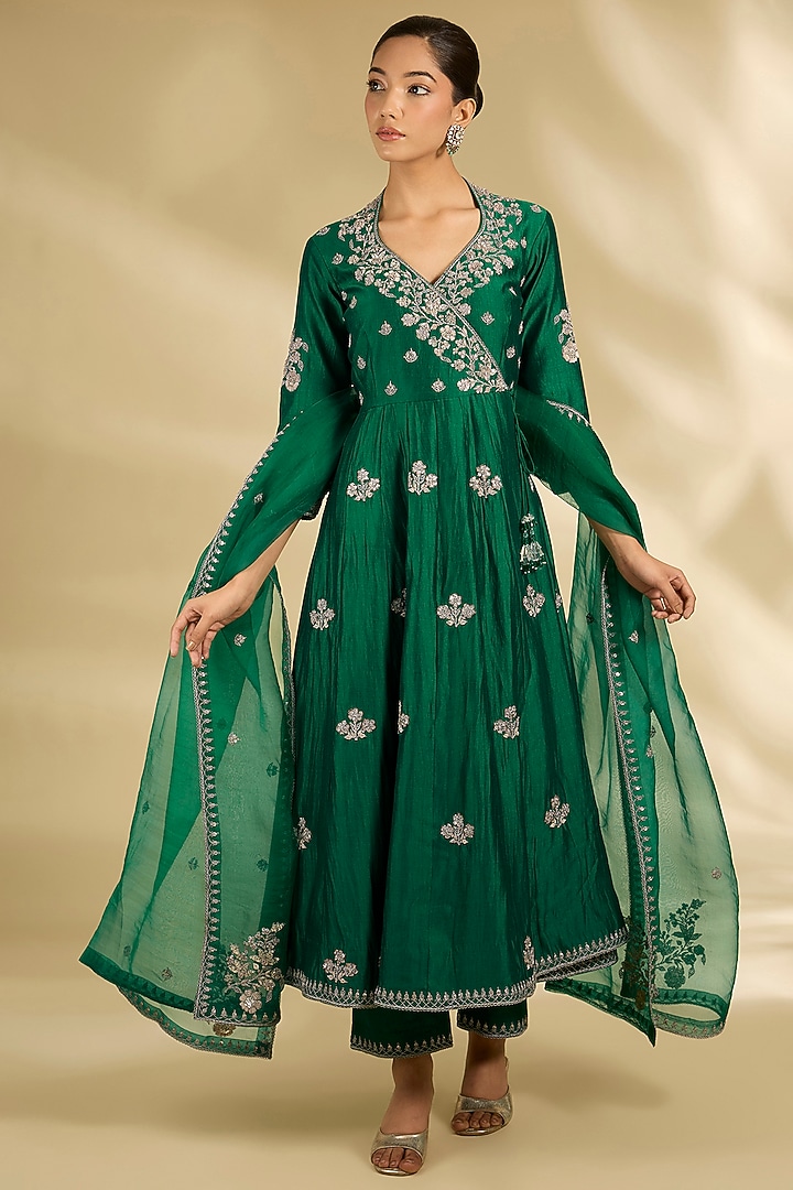 Emerald Green Spun Silk Zardosi Work Angrakha Wedding Anarkali Set by SURBHI SHAH at Pernia's Pop Up Shop
