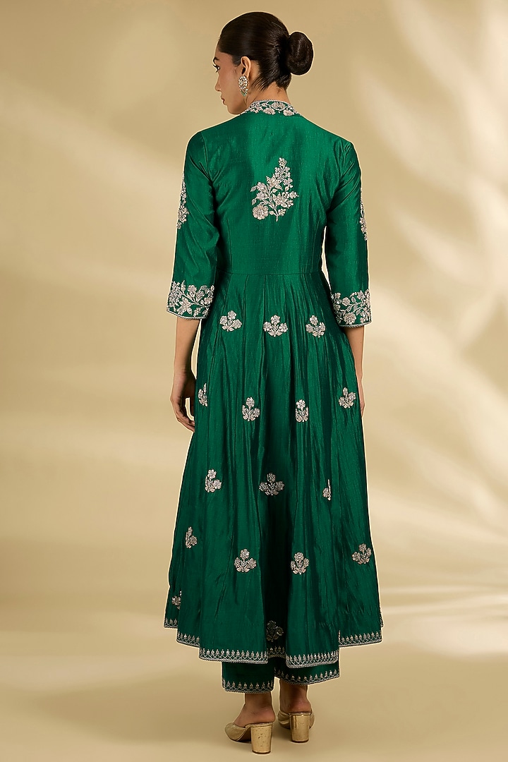 Emerald Green Spun Silk Zardosi Work Angrakha Wedding Anarkali Set by SURBHI SHAH at Pernia's Pop Up Shop