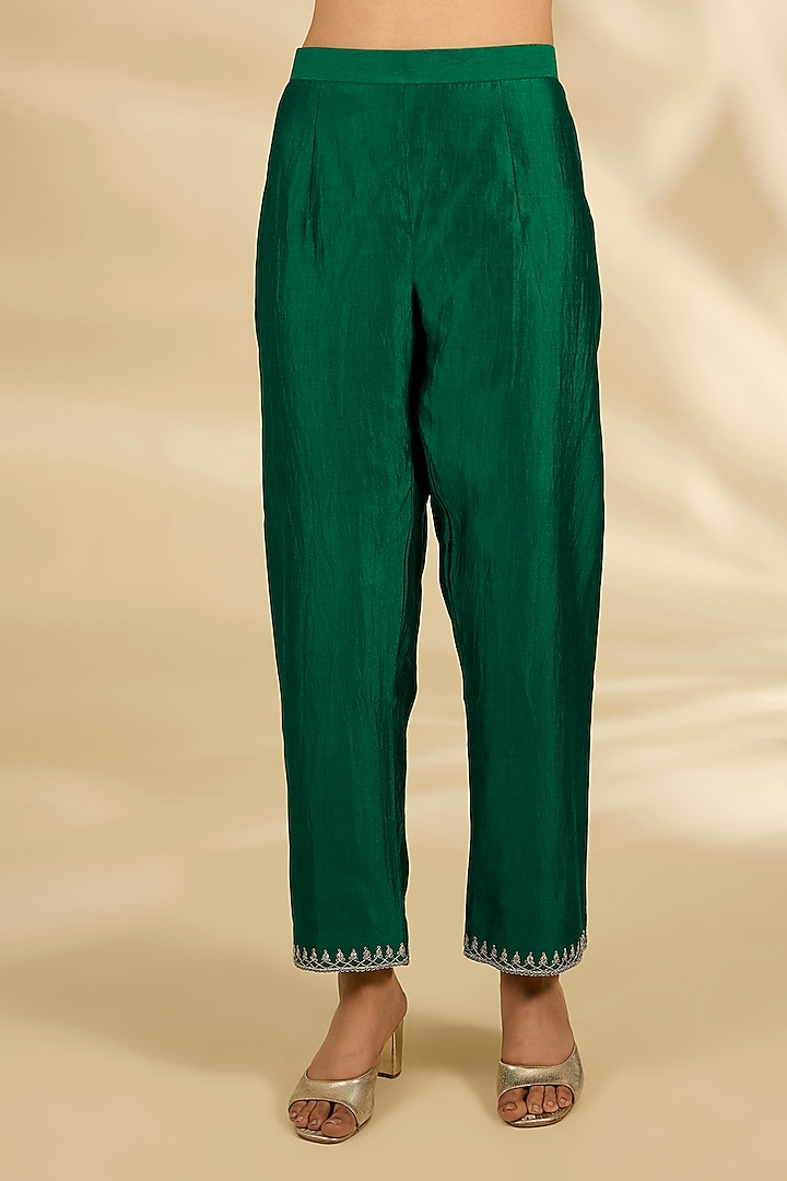Emerald Green Spun Silk Zardosi Work Angrakha Wedding Anarkali Set by SURBHI SHAH at Pernia's Pop Up Shop