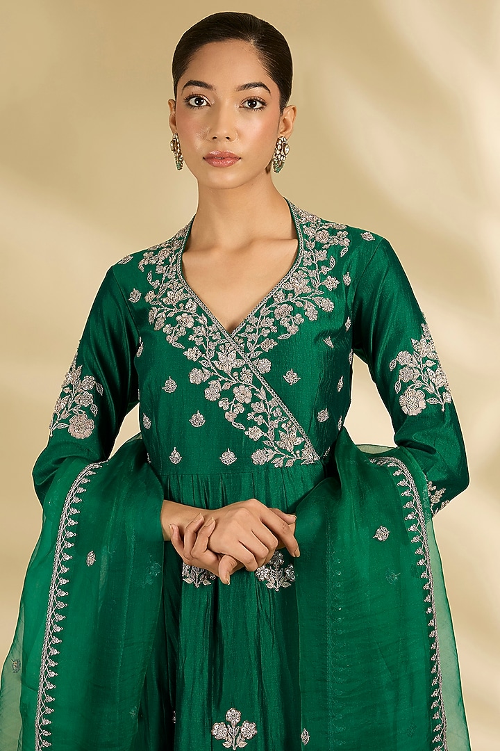 Emerald Green Spun Silk Zardosi Work Angrakha Wedding Anarkali Set by SURBHI SHAH at Pernia's Pop Up Shop