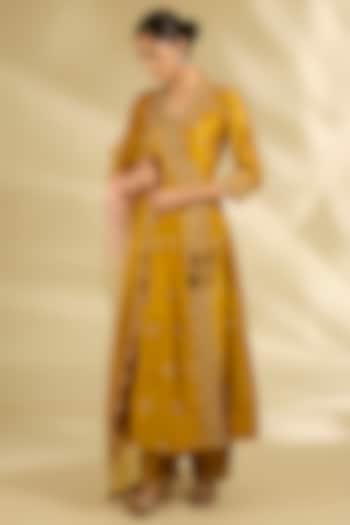 Mustard Yellow Spun Silk Marori Work Angrakha Wedding Anarkali Set by SURBHI SHAH at Pernia's Pop Up Shop