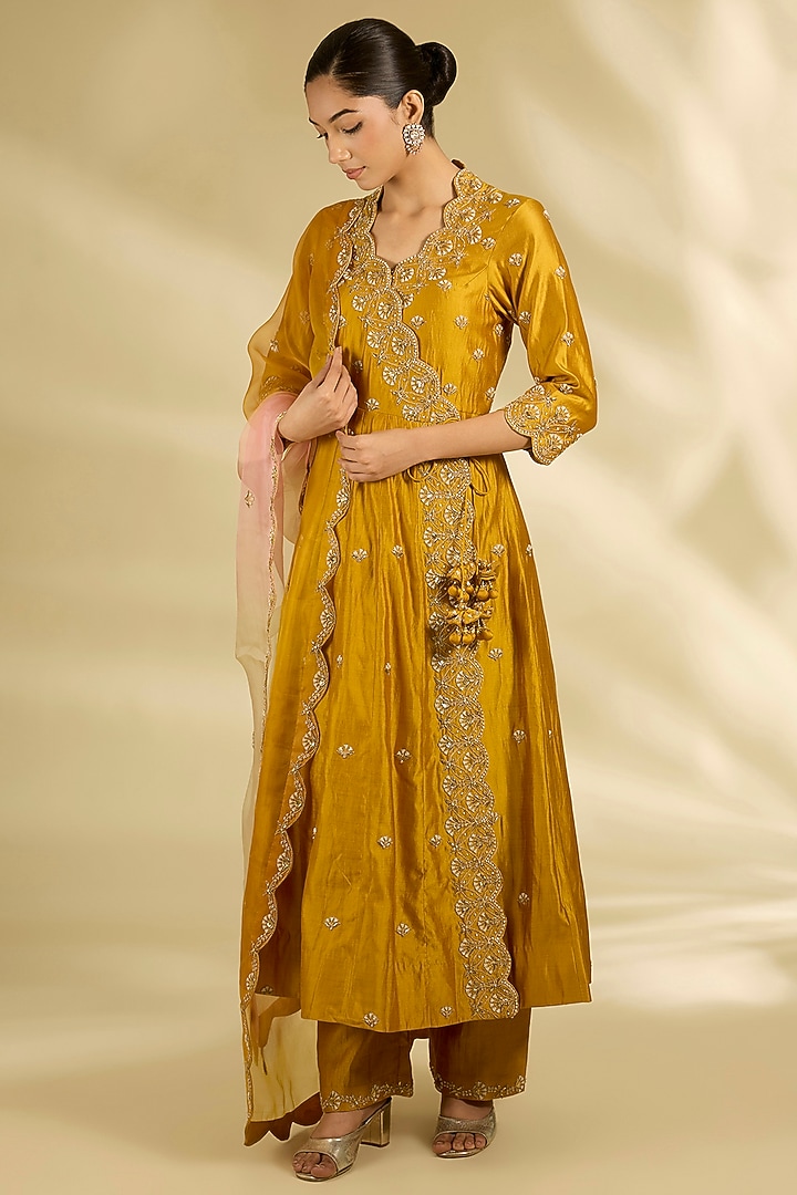 Mustard Yellow Spun Silk Marori Work Angrakha Wedding Anarkali Set by SURBHI SHAH at Pernia's Pop Up Shop