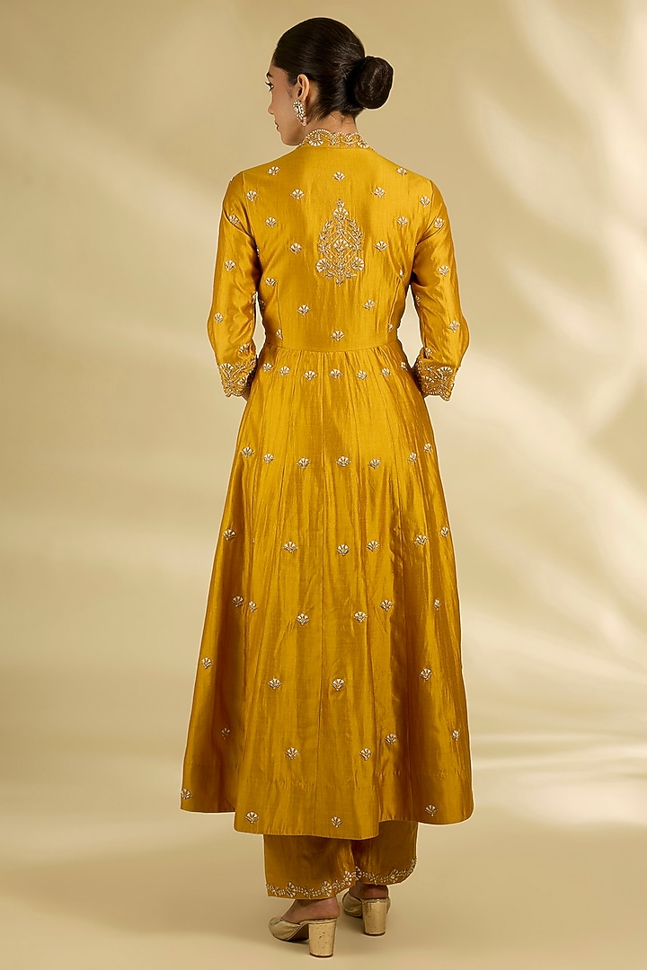 Mustard Yellow Spun Silk Marori Work Angrakha Wedding Anarkali Set by SURBHI SHAH at Pernia's Pop Up Shop