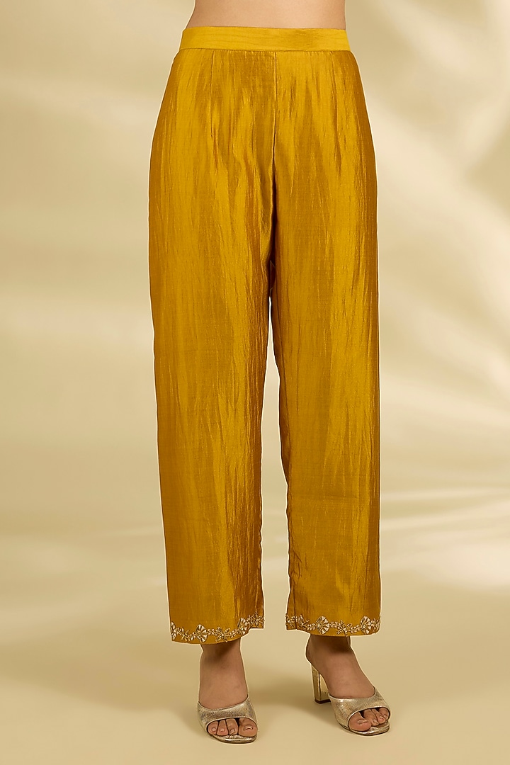 Mustard Yellow Spun Silk Marori Work Angrakha Wedding Anarkali Set by SURBHI SHAH at Pernia's Pop Up Shop