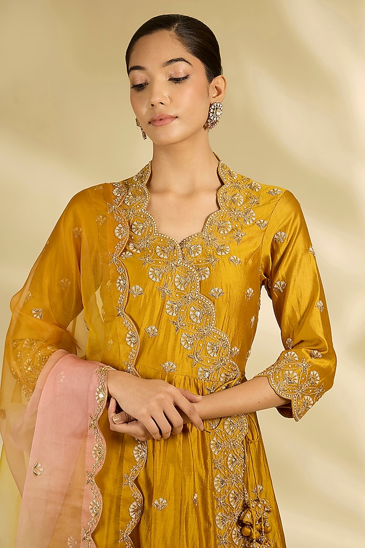 Mustard Yellow Spun Silk Marori Work Angrakha Wedding Anarkali Set by SURBHI SHAH at Pernia's Pop Up Shop