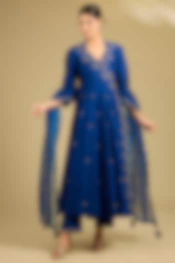 Midnight Blue Spun Silk Sequins Work Angrakha Wedding Anarkali Set by SURBHI SHAH at Pernia's Pop Up Shop