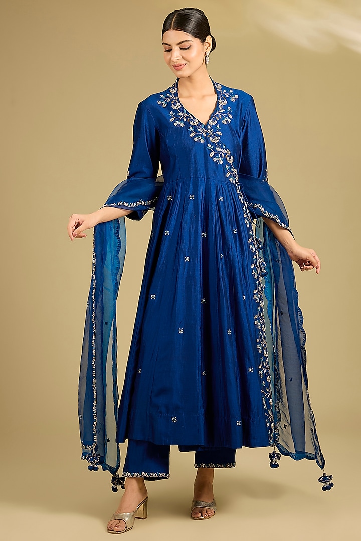Midnight Blue Spun Silk Sequins Work Angrakha Wedding Anarkali Set by SURBHI SHAH at Pernia's Pop Up Shop