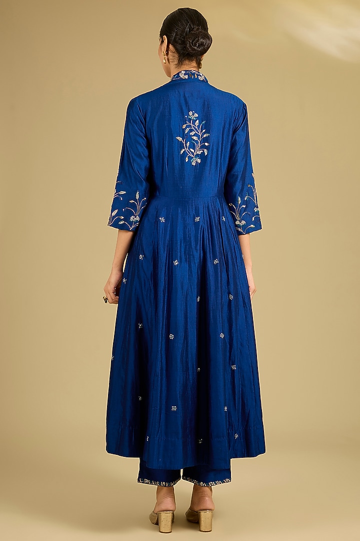 Midnight Blue Spun Silk Sequins Work Angrakha Wedding Anarkali Set by SURBHI SHAH at Pernia's Pop Up Shop