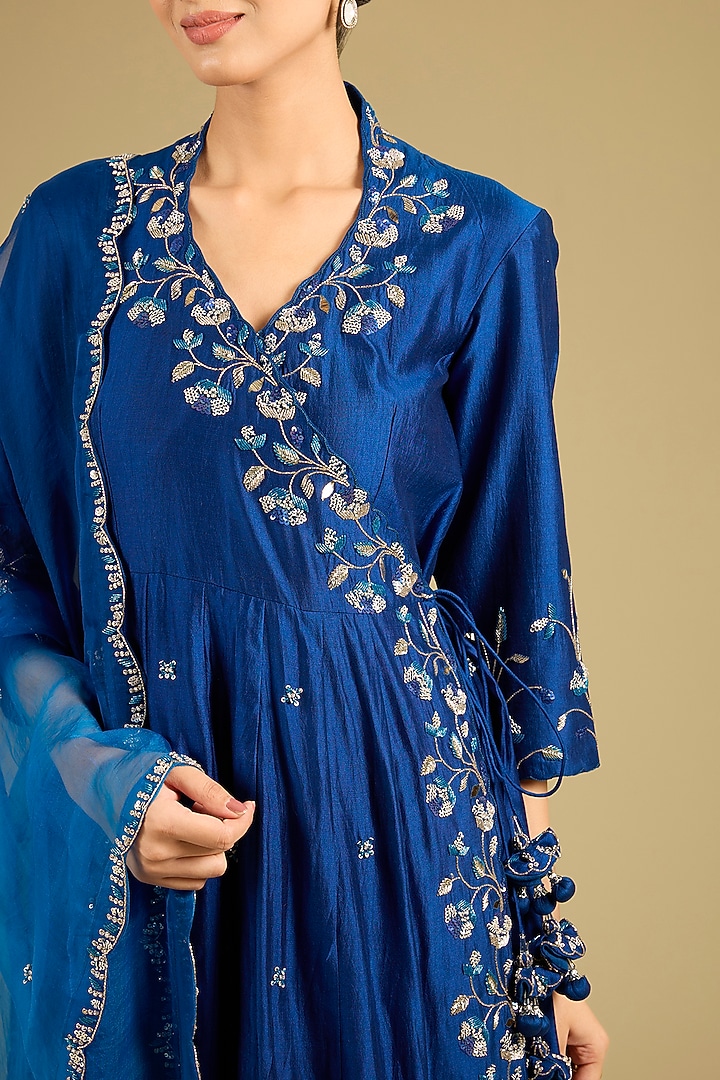 Midnight Blue Spun Silk Sequins Work Angrakha Wedding Anarkali Set by SURBHI SHAH at Pernia's Pop Up Shop