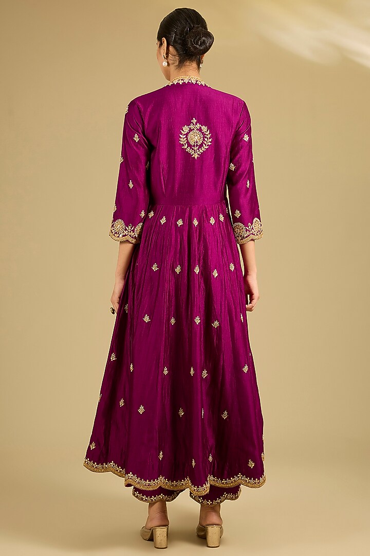 Deep Grape Purple Spun Silk Marori Work Angrakha Wedding Anarkali Set by SURBHI SHAH at Pernia's Pop Up Shop