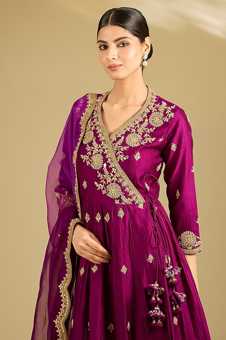 Deep Grape Purple Spun Silk Marori Work Angrakha Wedding Anarkali Set by SURBHI SHAH at Pernia's Pop Up Shop