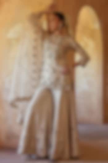 Pearl White Spun Silk Marori Work Bridal Sharara Set by SURBHI SHAH at Pernia's Pop Up Shop