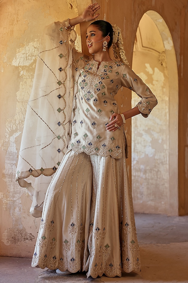 Pearl White Spun Silk Marori Work Bridal Sharara Set by SURBHI SHAH at Pernia's Pop Up Shop