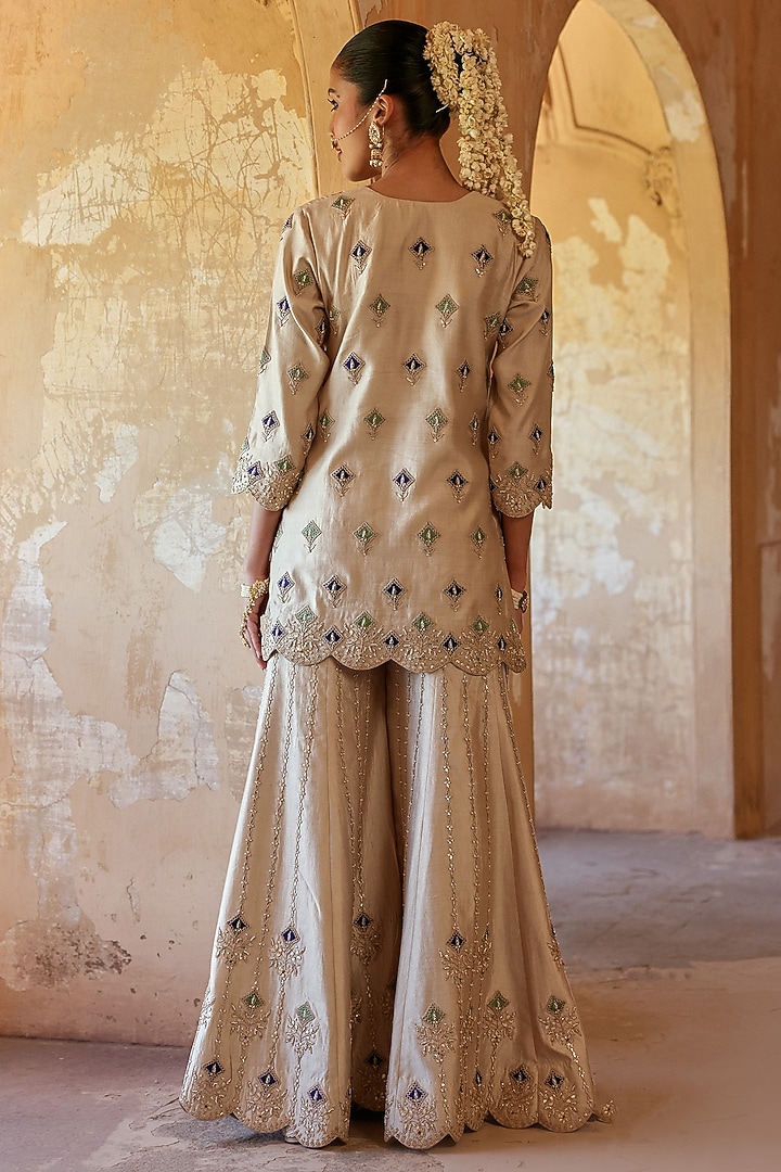 Pearl White Spun Silk Marori Work Bridal Sharara Set by SURBHI SHAH at Pernia's Pop Up Shop