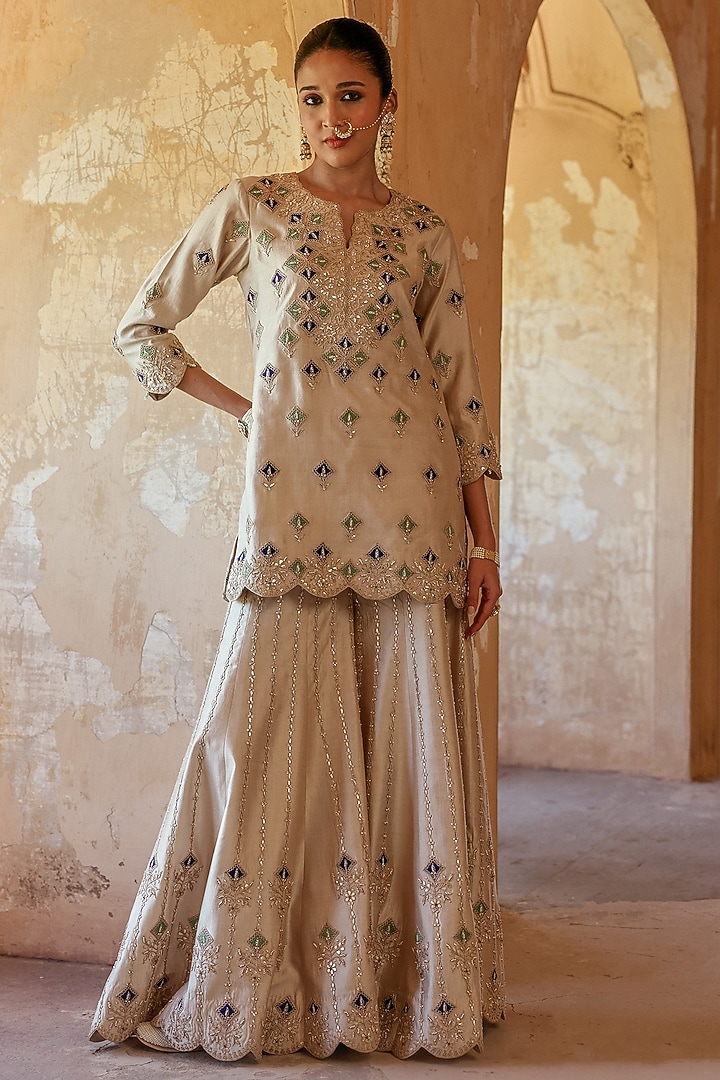 Pearl White Spun Silk Marori Work Bridal Sharara Set by SURBHI SHAH at Pernia's Pop Up Shop