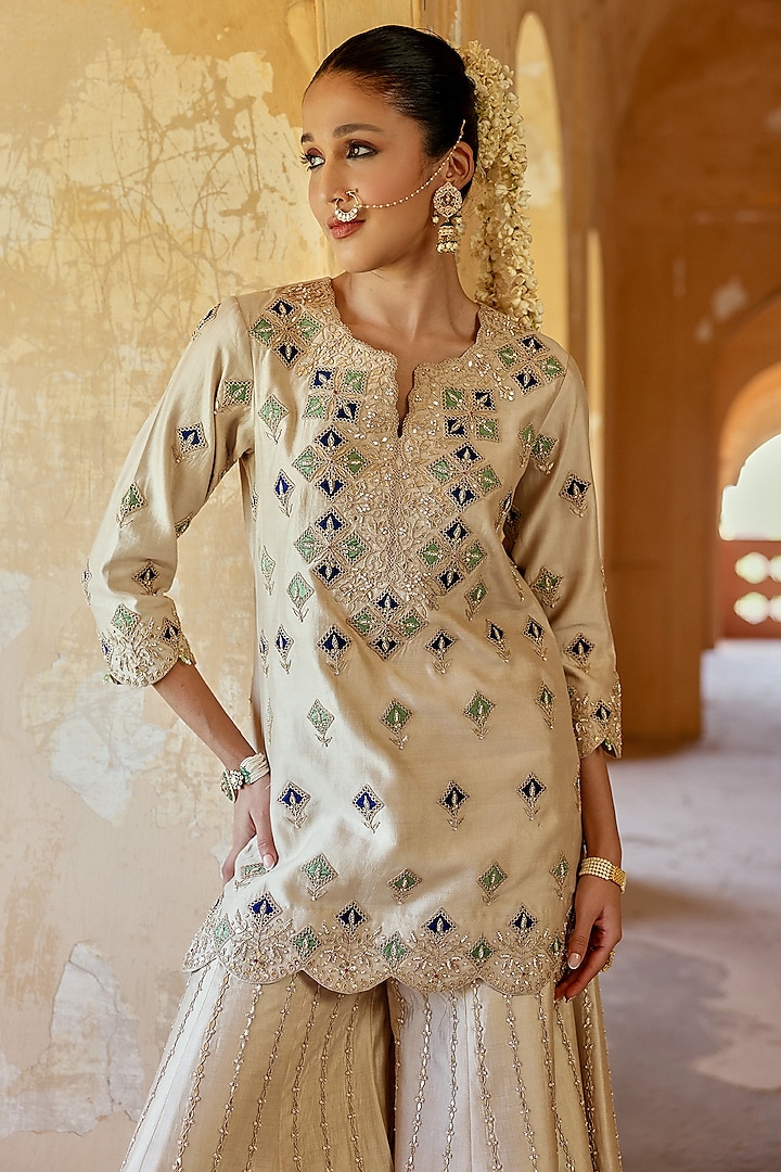 Pearl White Spun Silk Marori Work Bridal Sharara Set by SURBHI SHAH at Pernia's Pop Up Shop