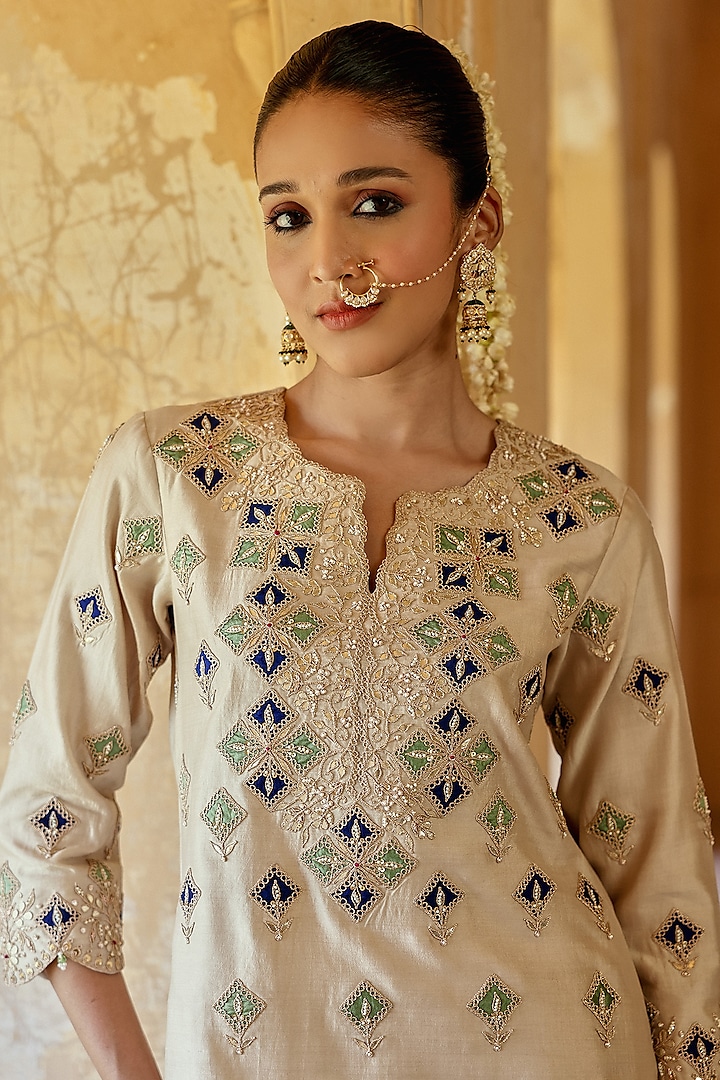 Pearl White Spun Silk Marori Work Bridal Sharara Set by SURBHI SHAH at Pernia's Pop Up Shop
