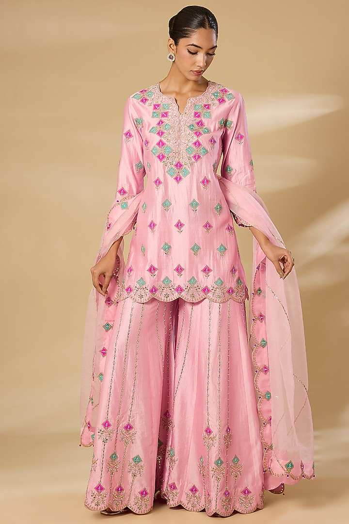 Baby Pink Spun Silk Marori Work Bridal Sharara Set by SURBHI SHAH at Pernia's Pop Up Shop