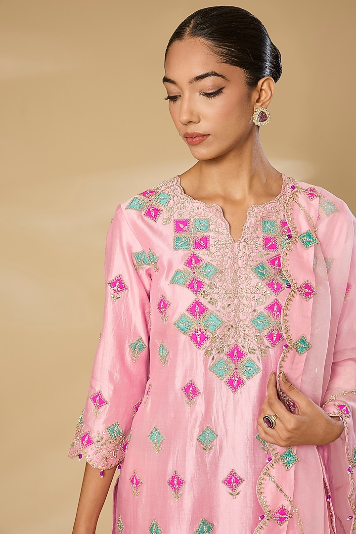 Baby Pink Spun Silk Marori Work Bridal Sharara Set by SURBHI SHAH at Pernia's Pop Up Shop