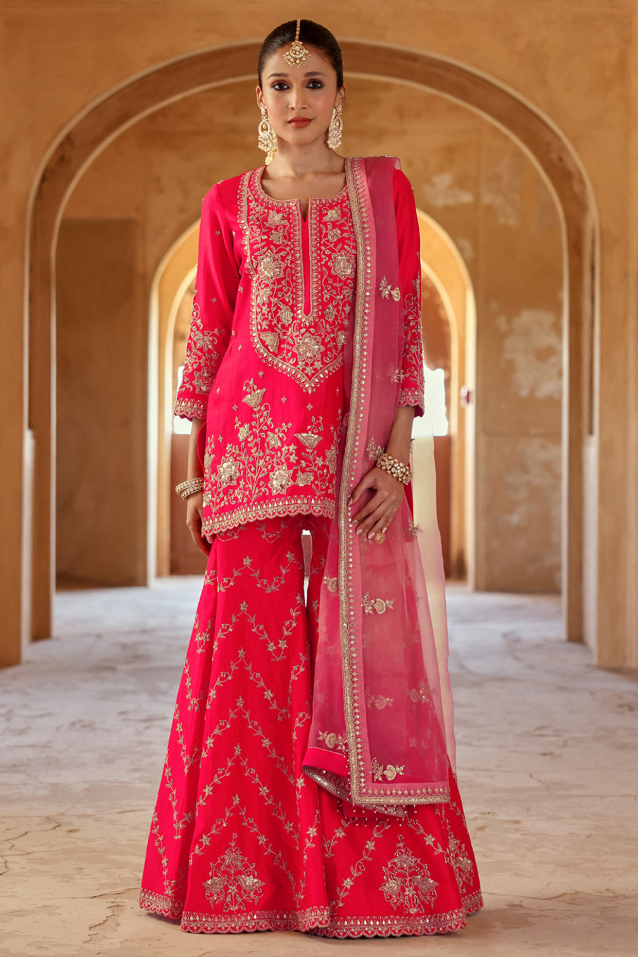 Sunset Orange Spun Silk Badla Work Bridal Sharara Set by SURBHI SHAH at Pernia's Pop Up Shop