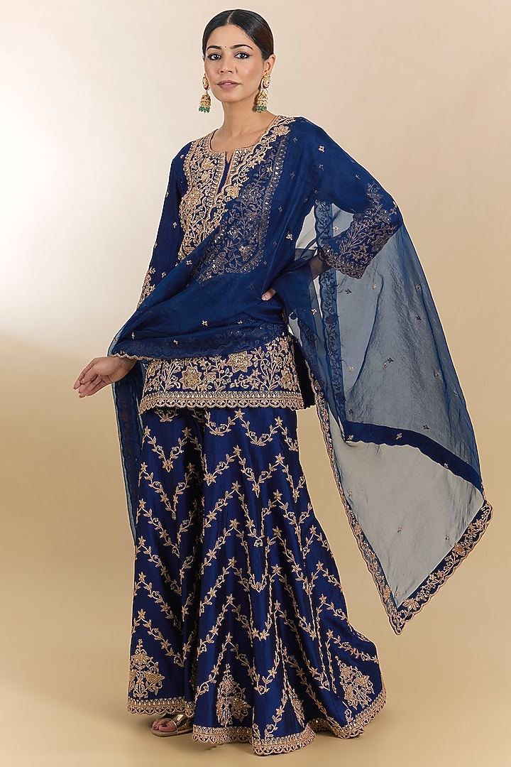 Navy Blue Spun Silk Sequins Work Bridal Sharara Set by Surbhi Shah at Pernia's Pop Up Shop