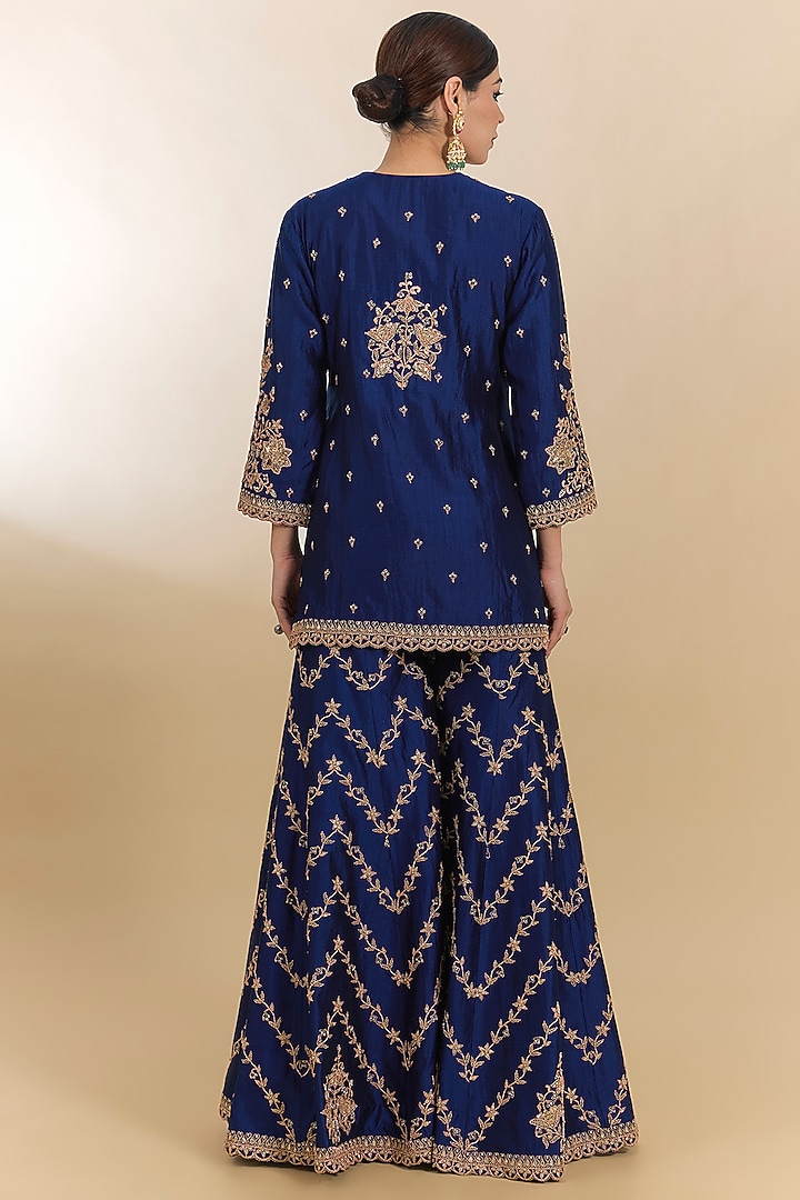 Navy Blue Spun Silk Sequins Work Wedding Sharara Set by Surbhi Shah at Pernia's Pop Up Shop