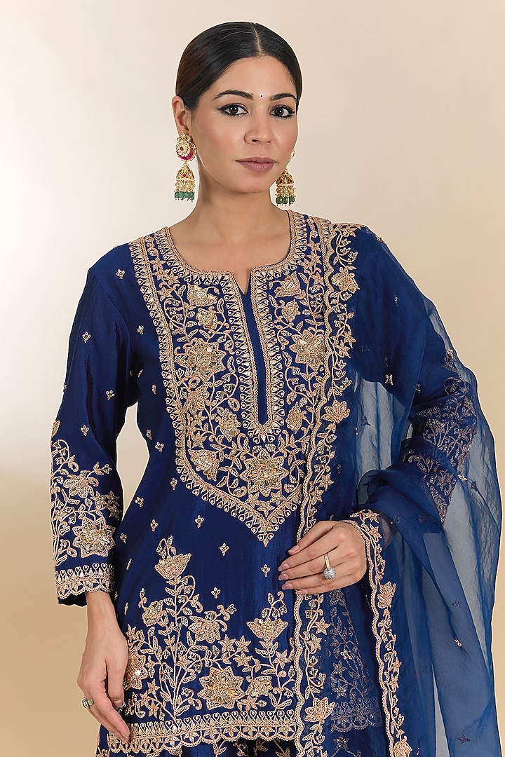Navy Blue Spun Silk Sequins Work Wedding Sharara Set by Surbhi Shah at Pernia's Pop Up Shop