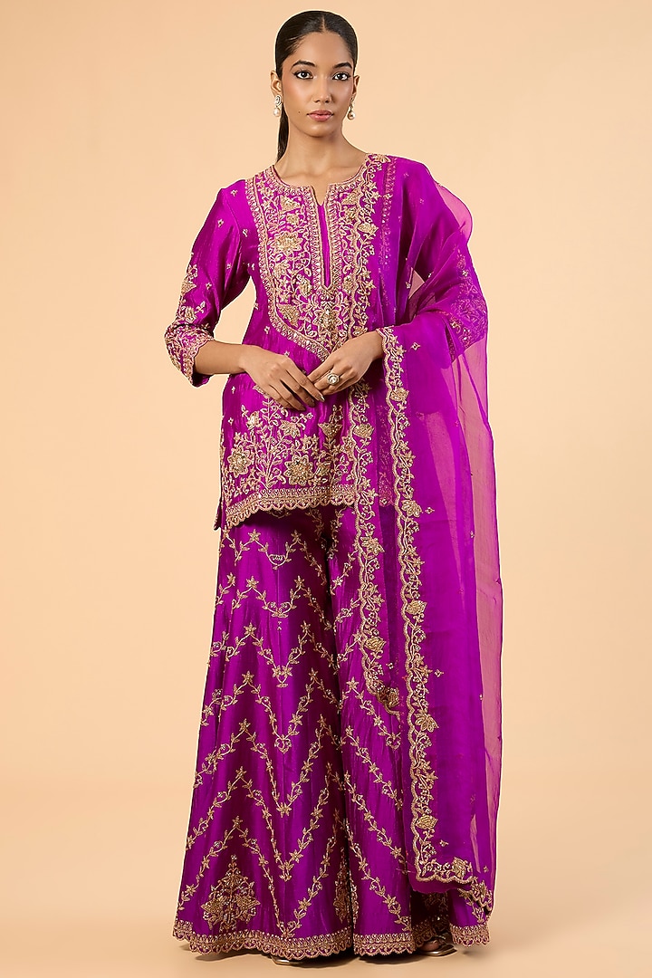 Magenta Spun Silk Sequin & Marori Embroidered Bridal Sharara Set by SURBHI SHAH at Pernia's Pop Up Shop