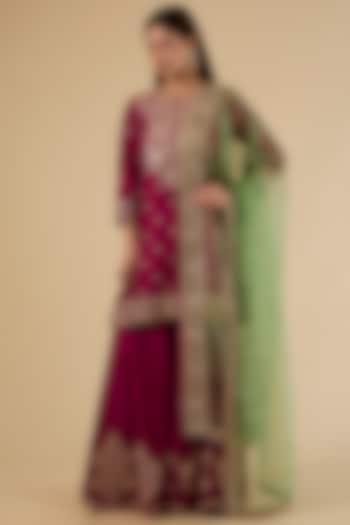 Berry Magenta Spun Silk Marori Work Bridal Sharara Set by SURBHI SHAH at Pernia's Pop Up Shop