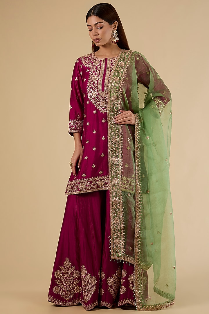 Berry Magenta Spun Silk Marori Work Bridal Sharara Set by SURBHI SHAH at Pernia's Pop Up Shop