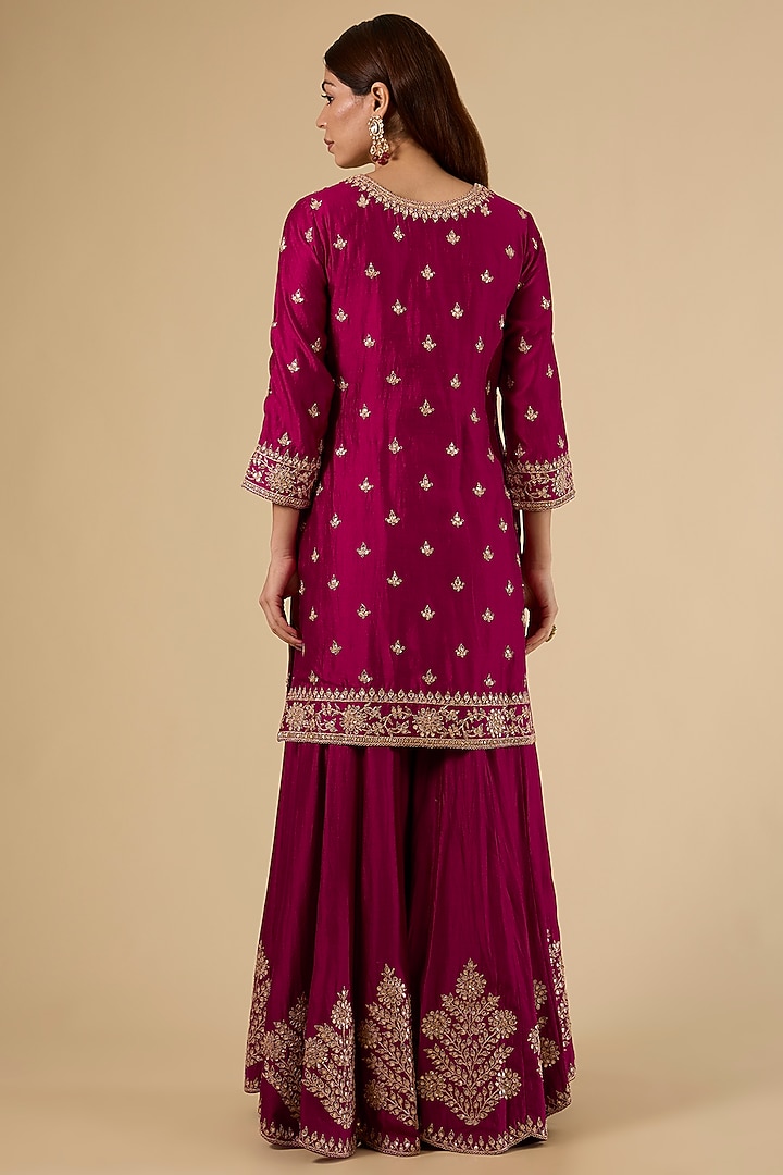 Berry Magenta Spun Silk Marori Work Bridal Sharara Set by SURBHI SHAH at Pernia's Pop Up Shop