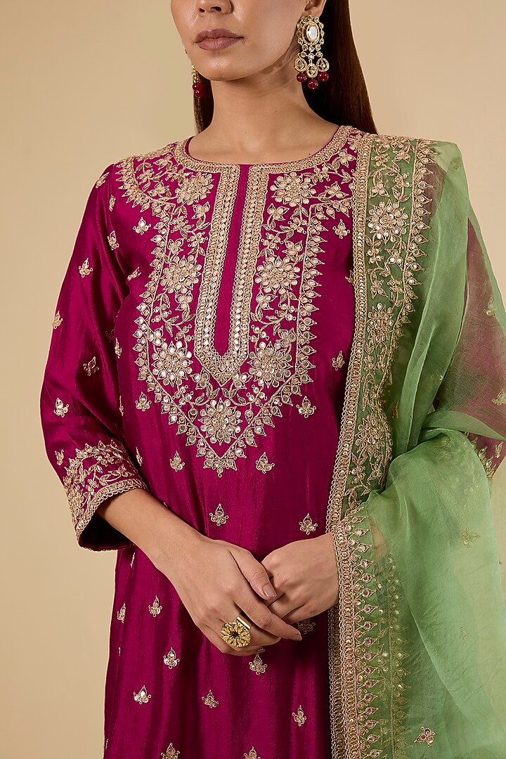 Berry Magenta Spun Silk Marori Work Bridal Sharara Set by SURBHI SHAH at Pernia's Pop Up Shop
