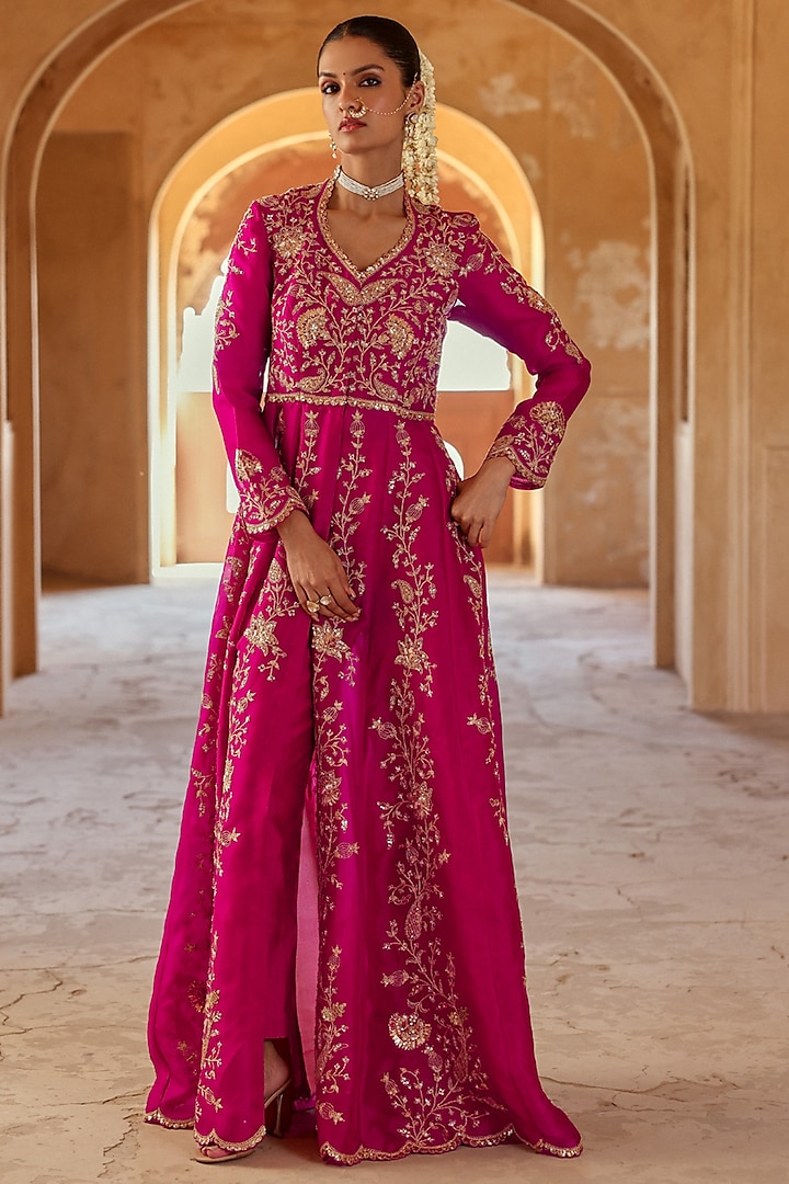 Berry Magenta Silk Organza Marori Work Jacket Bridal Anarkali Set by SURBHI SHAH at Pernia's Pop Up Shop