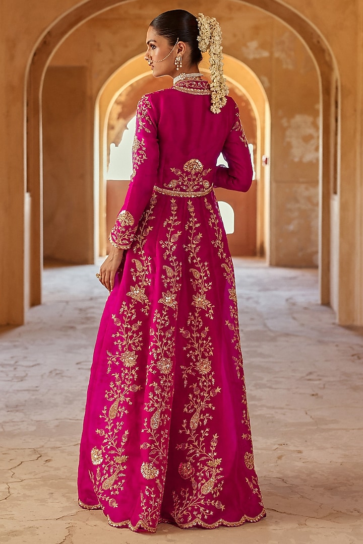 Berry Magenta Silk Organza Marori Work Jacket Bridal Anarkali Set by SURBHI SHAH at Pernia's Pop Up Shop