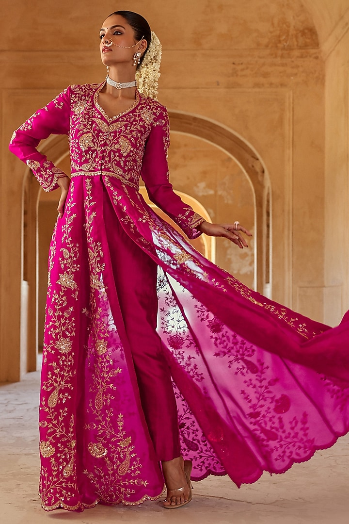 Berry Magenta Silk Organza Marori Work Jacket Bridal Anarkali Set by SURBHI SHAH at Pernia's Pop Up Shop