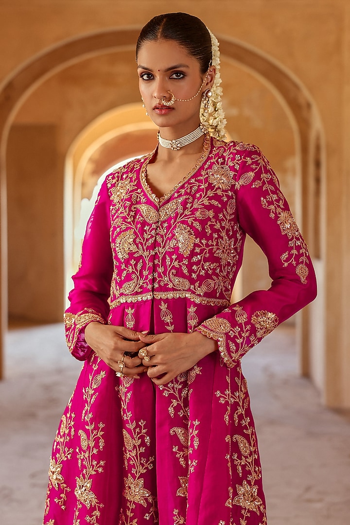 Berry Magenta Silk Organza Marori Work Jacket Bridal Anarkali Set by SURBHI SHAH at Pernia's Pop Up Shop