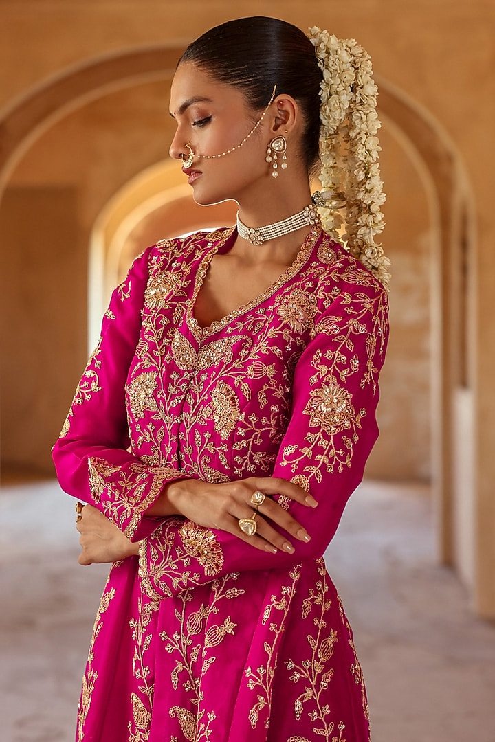 Berry Magenta Silk Organza Marori Work Jacket Bridal Anarkali Set by SURBHI SHAH at Pernia's Pop Up Shop