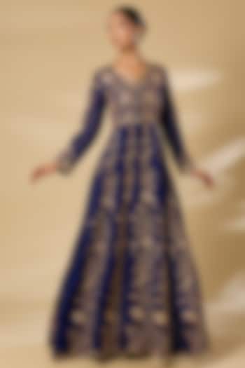 Navy Blue Organza Sequins Work Bridal Anarkali Set by SURBHI SHAH at Pernia's Pop Up Shop