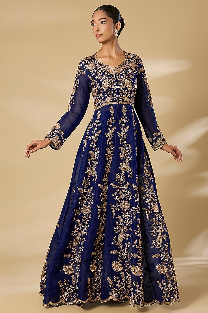 Navy Blue Organza Sequins Work Bridal Anarkali Set by SURBHI SHAH at Pernia's Pop Up Shop