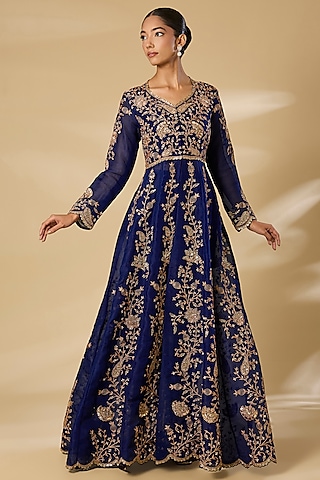 Navy Blue Organza Sequins Work Anarkali Set by SURBHI SHAH