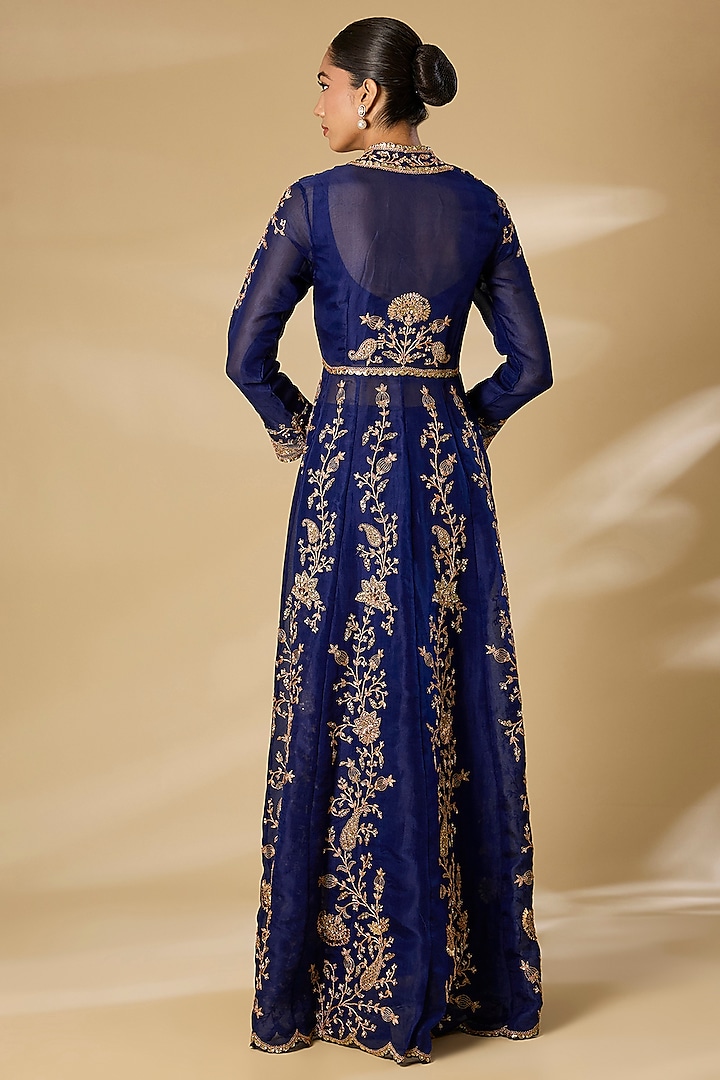 Navy Blue Organza Sequins Work Bridal Anarkali Set by SURBHI SHAH at Pernia's Pop Up Shop
