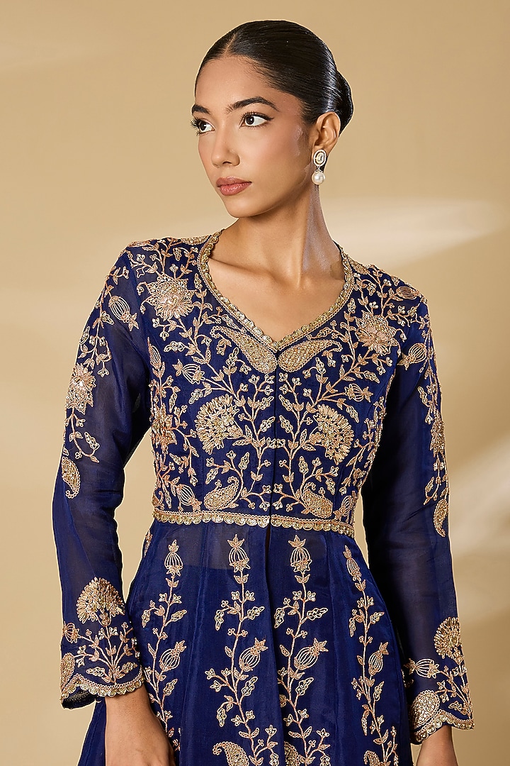 Navy Blue Organza Sequins Work Bridal Anarkali Set by SURBHI SHAH at Pernia's Pop Up Shop