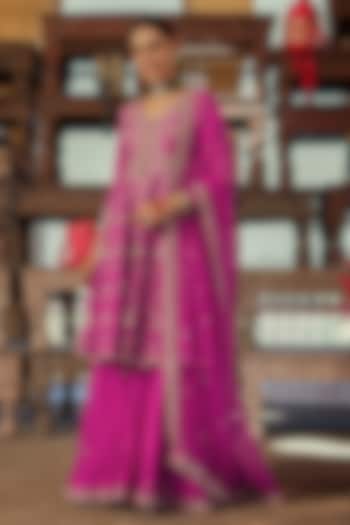 Magenta Spun Silk Bridal Sharara Set by Surbhi Shah at Pernia's Pop Up Shop