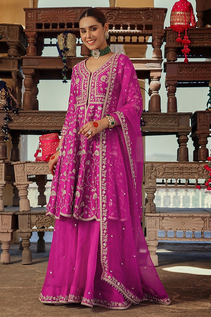 Magenta Spun Silk Bridal Sharara Set by Surbhi Shah at Pernia's Pop Up Shop