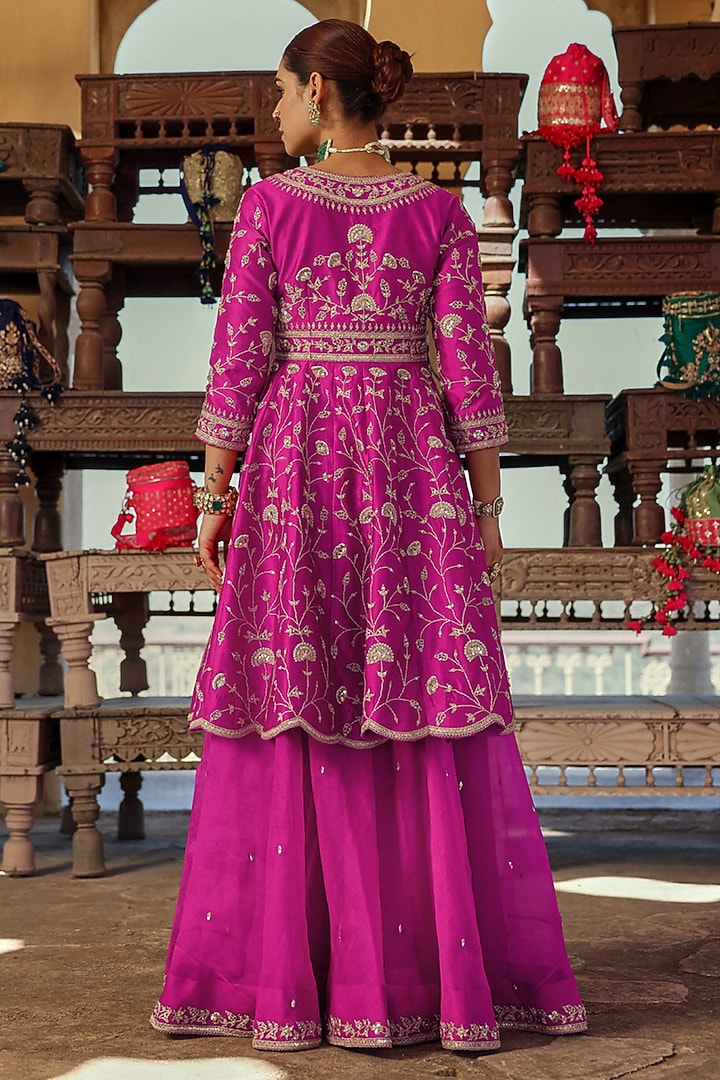 Magenta Spun Silk Bridal Sharara Set by Surbhi Shah at Pernia's Pop Up Shop