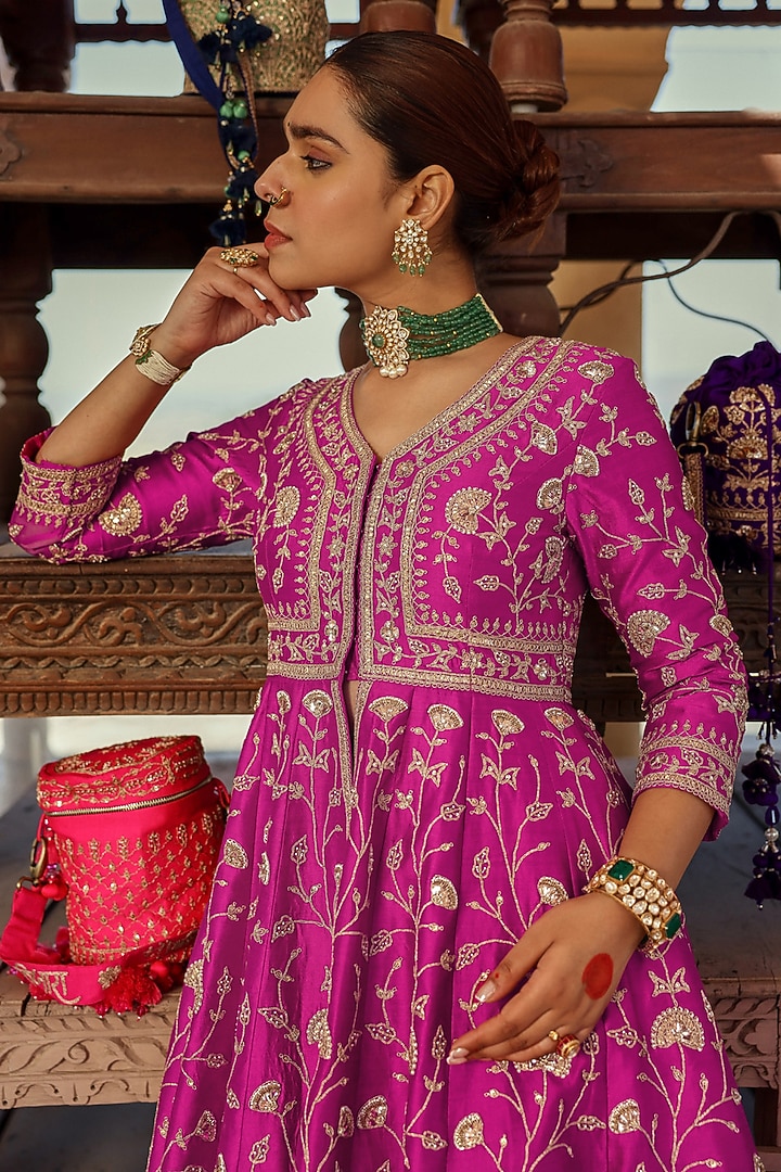 Magenta Spun Silk Bridal Sharara Set by Surbhi Shah at Pernia's Pop Up Shop